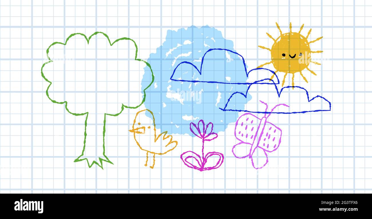 Niedliche Kinder Doodle Landschaft Illustration mit bunten Natur Dekoration in kindisch handgezeichnet Cartoon-Stil. Stock Vektor