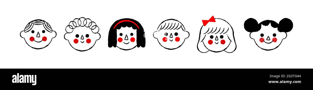 Set von glücklichen Kindern Gesicht Cartoon auf isolierten weißen Hintergrund. Diverse Jungen- und Mädchenfiguren für die Kindererziehung oder Freundschaftskonzept in handgezeichneten Chi Stock Vektor