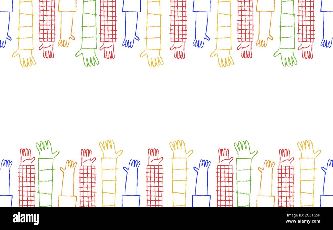 Bunte, vielfältige Menschen, die auf leerem weißen Hintergrund die Hände hochgehoben haben. Sozialteam-Konzept, Community-Hilfe oder ehrenamtlich tätige Organisation. Stock Vektor