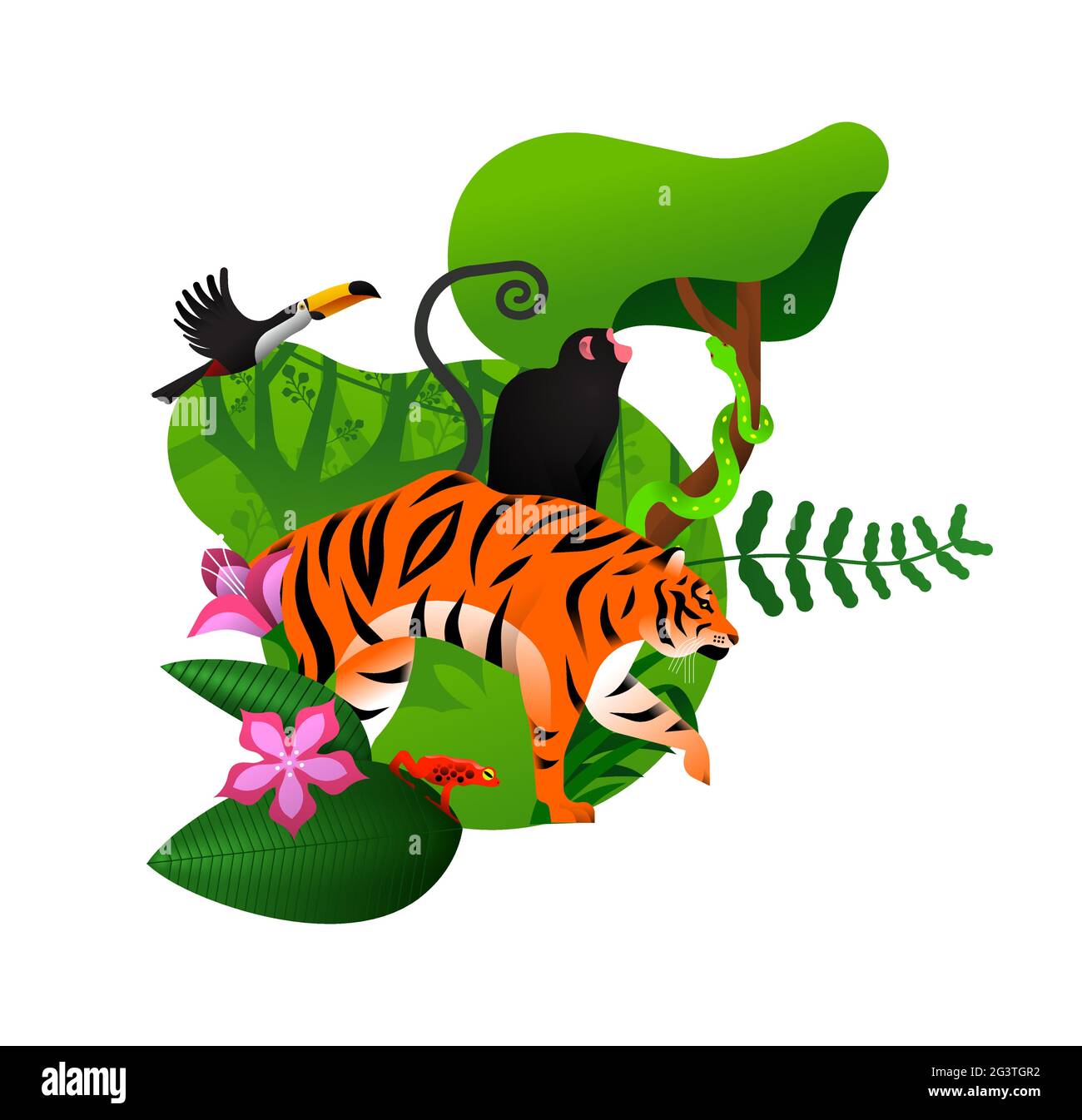 Vielfältige Dschungelumgebung mit Tieren und exotischen Pflanzen. Moderne flache Cartoon-Illustration des grünen Ökosystems auf isoliertem Hintergrund. Inklusive Tiger, Stock Vektor