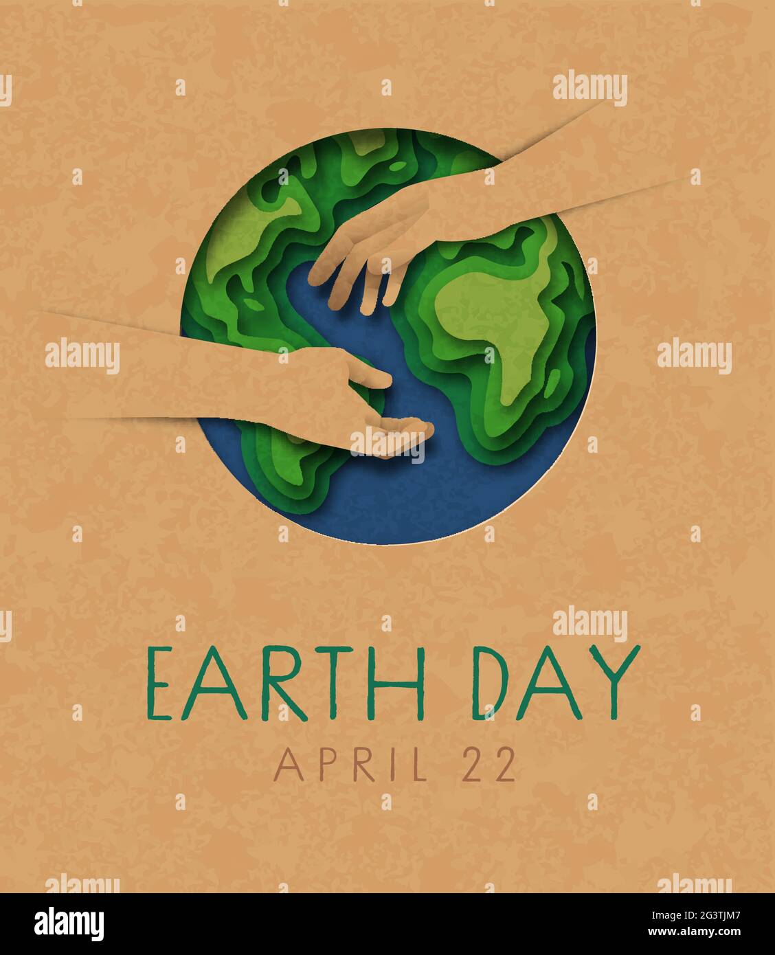 Earth Day Grußkarte Illustration von zwei Menschen Hände helfen zusammen mit Papier geschnitten grünen Planeten Karte. Natur helfen Teamwork-Konzept für april 22 i Stock Vektor