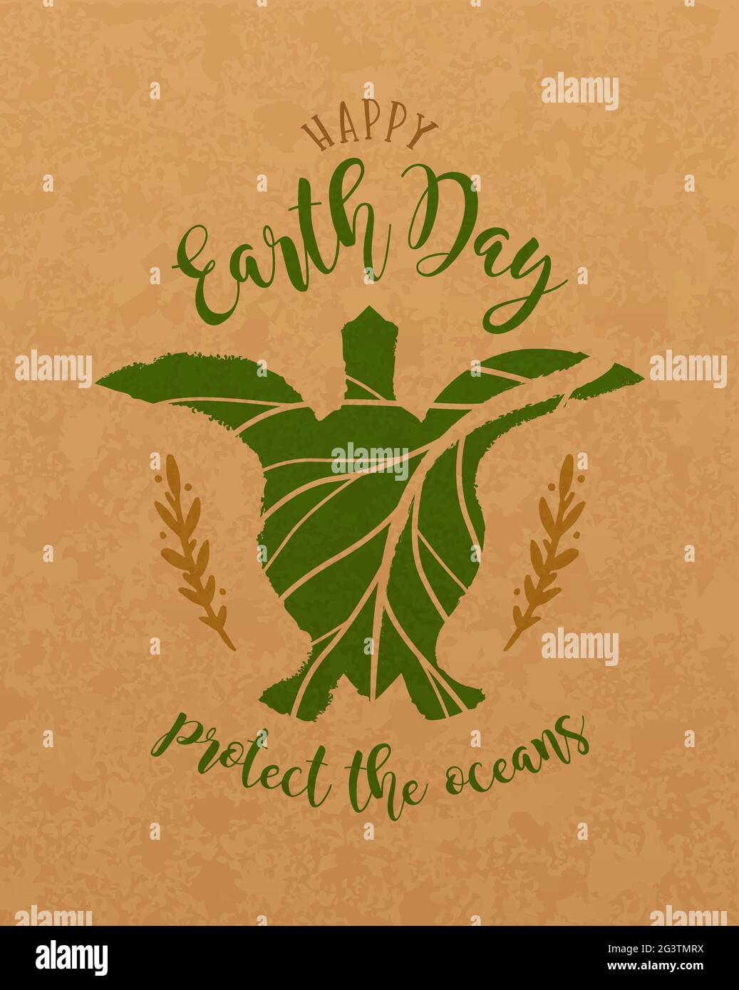 Happy Earth Day Grußkarte Illustration für feiertagsveranstaltung am 22. april. Grüne Meeresschildkröte aus handgezeichneter Blattform auf recyceltem Papier Hintergrund. Sa Stock Vektor