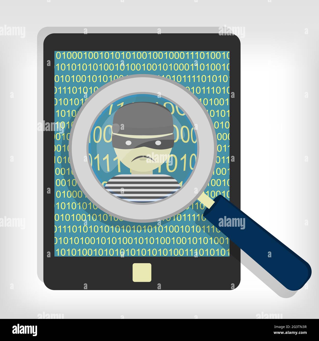 Eine Lupe entdeckte einen Hacker (Dieb) auf dem Tablet Stock Vektor