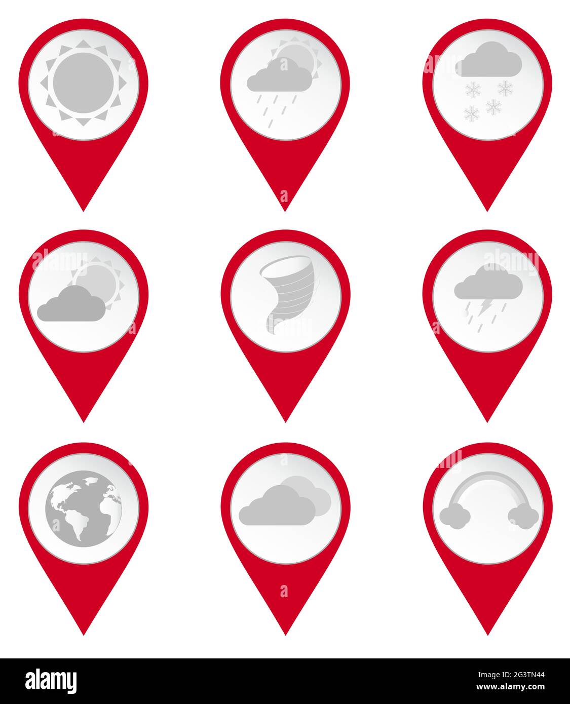 Kartennadelsymbole für Klimazonen: bewölkt, sonnig, Sturm, Regen, Schnee, regenbogen. Weißer Hintergrund. Stock Vektor