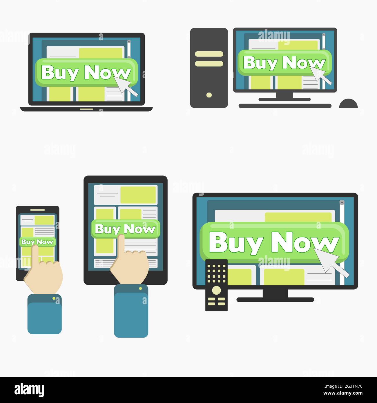 Taste „Jetzt kaufen“ in verschiedenen Mediengeräten: Smartphone, Tablet, pc, Laptop, Smart tv. Verschiedene Möglichkeiten, online zu kaufen. Stock Vektor