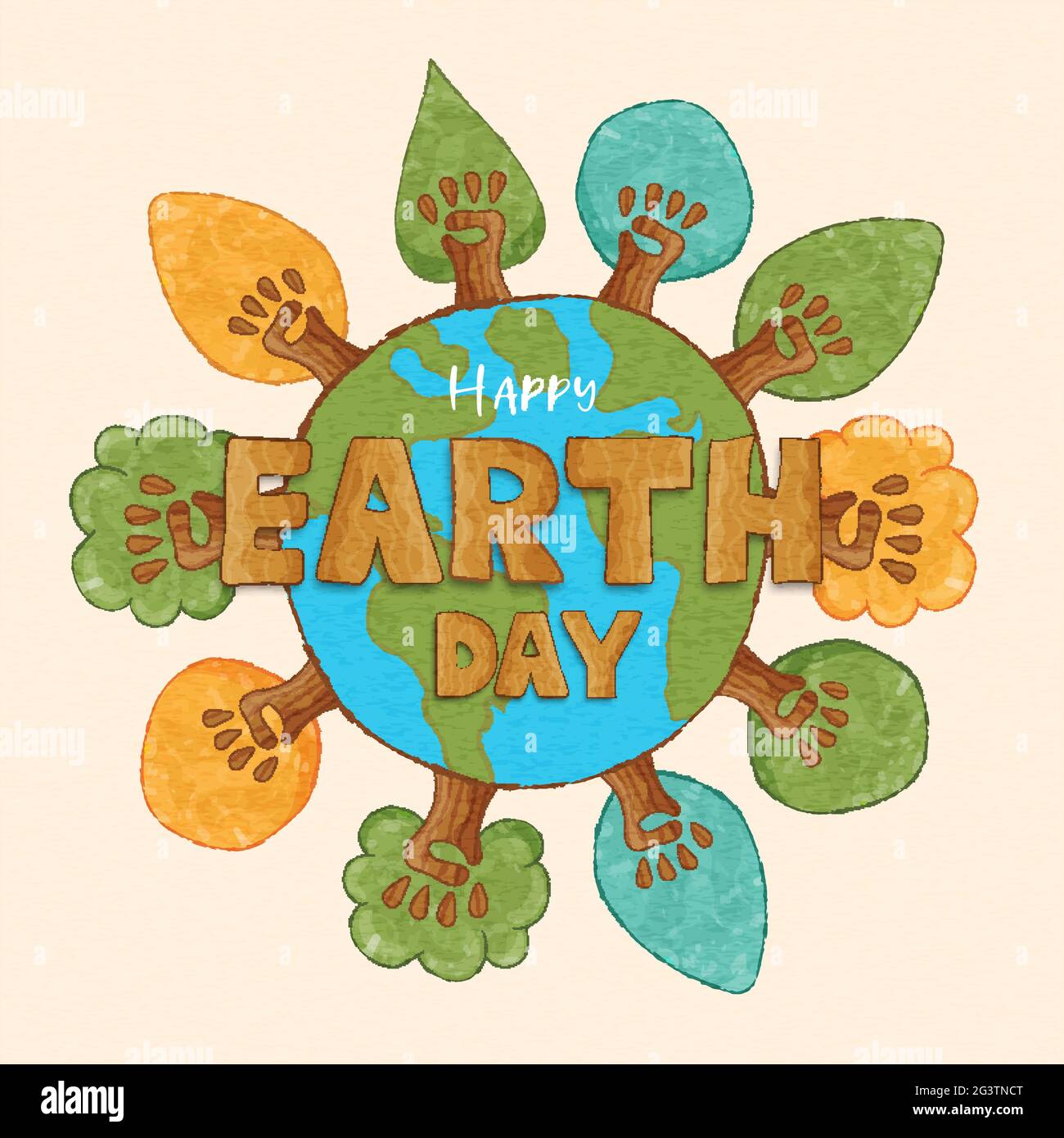 Happy Earth Day Grußkarte Illustration, grüner Baumwald aus menschlicher Hand Team zusammen. Konzept der sozialen Ökologie-Kampagne im lustigen Cartoon-Stil Stock Vektor