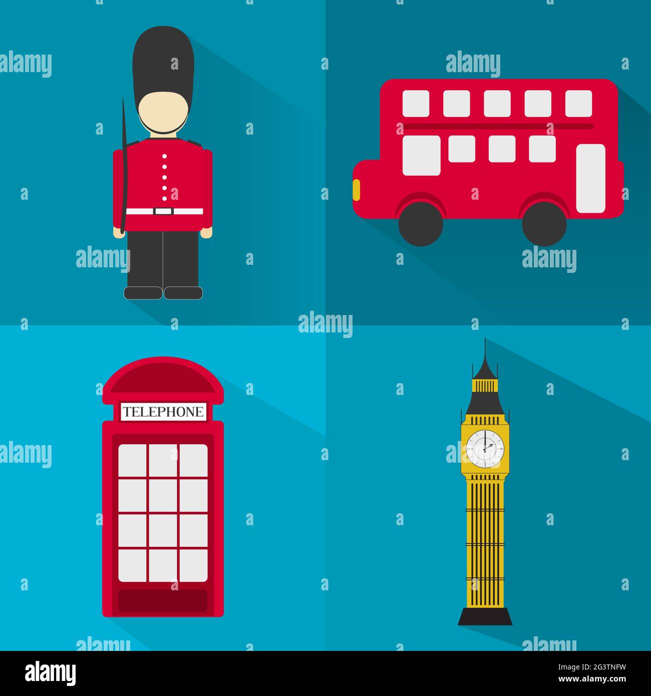 Vier Symbole der´s Londoner Stadt - londoner Soldat, Bus, Big ben, Telefonzelle. Flaches Design. Langer Schatten. Stock Vektor