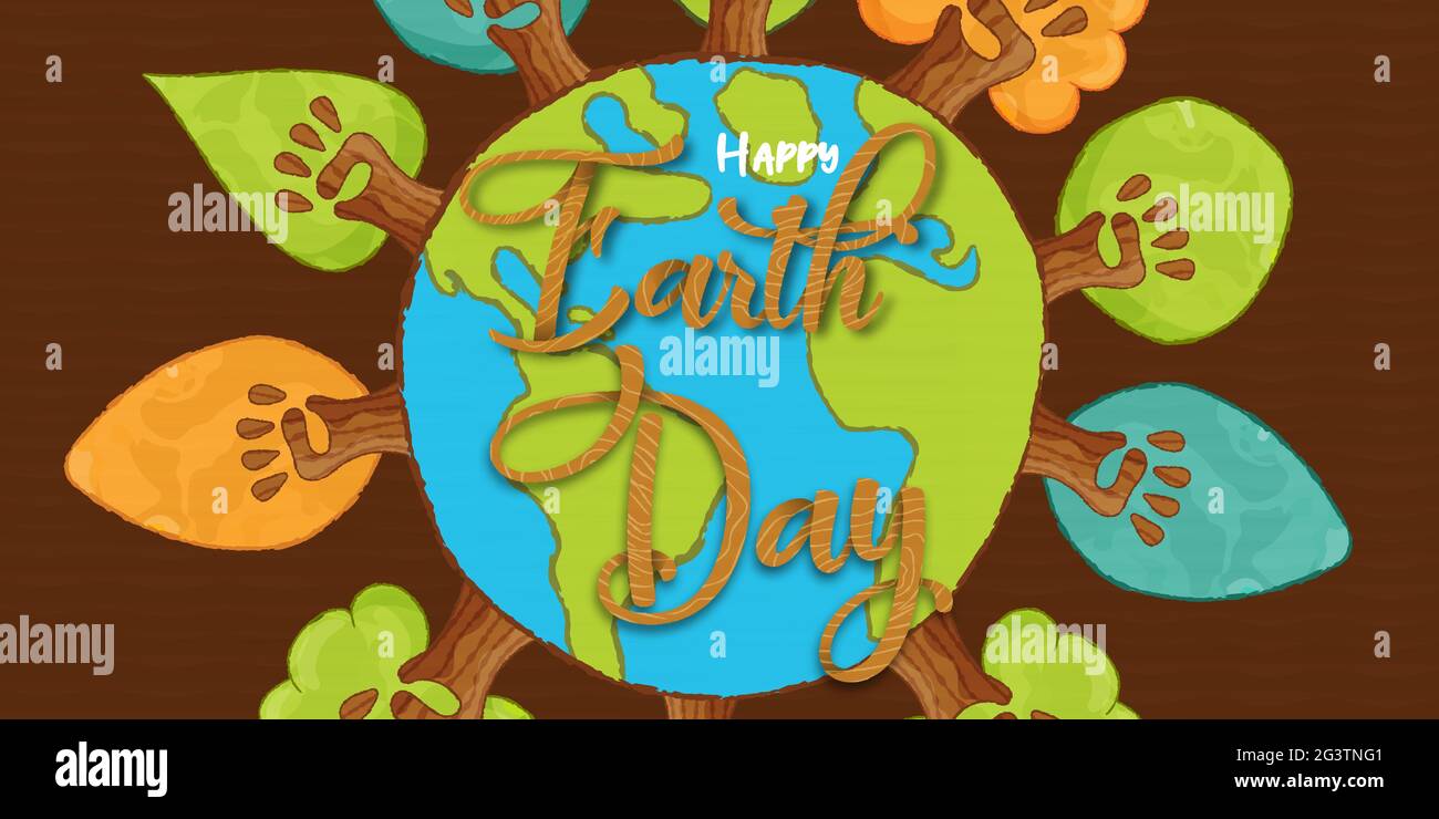 Happy Earth Day Grußkarte Illustration, grüner Baumwald aus menschlichem Handteam. Konzept der sozialen Ökologie-Kampagne im lustigen Cartoon-Stil. Stock Vektor