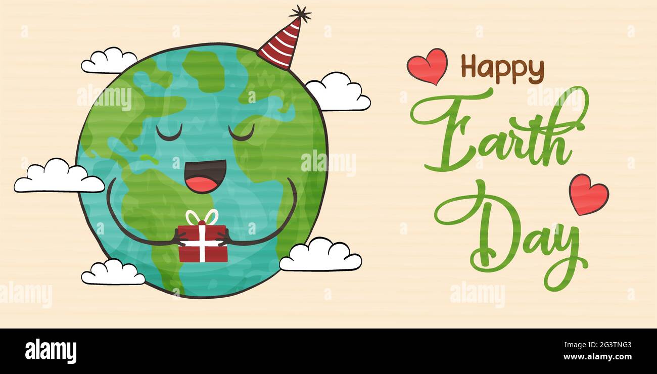 Happy Earth Day Webbanner Illustration von lustigen grünen Planeten Charakter mit Geburtstagsgeschenk. Umwelt Pflege Urlaub Cover in Hand gezeichnet Cartoon-Stil Stock Vektor
