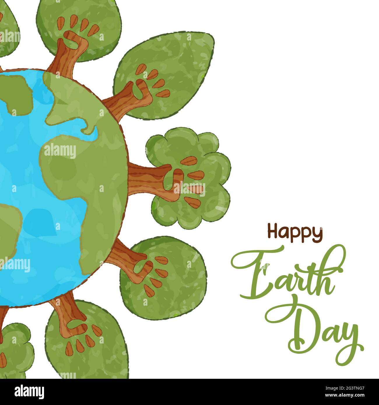 Happy Earth Day Grußkarte Illustration, grüner Baumwald aus menschlichem Handteam. Natur Pflege Urlaub Design in lustigen Cartoon-Stil. Stock Vektor