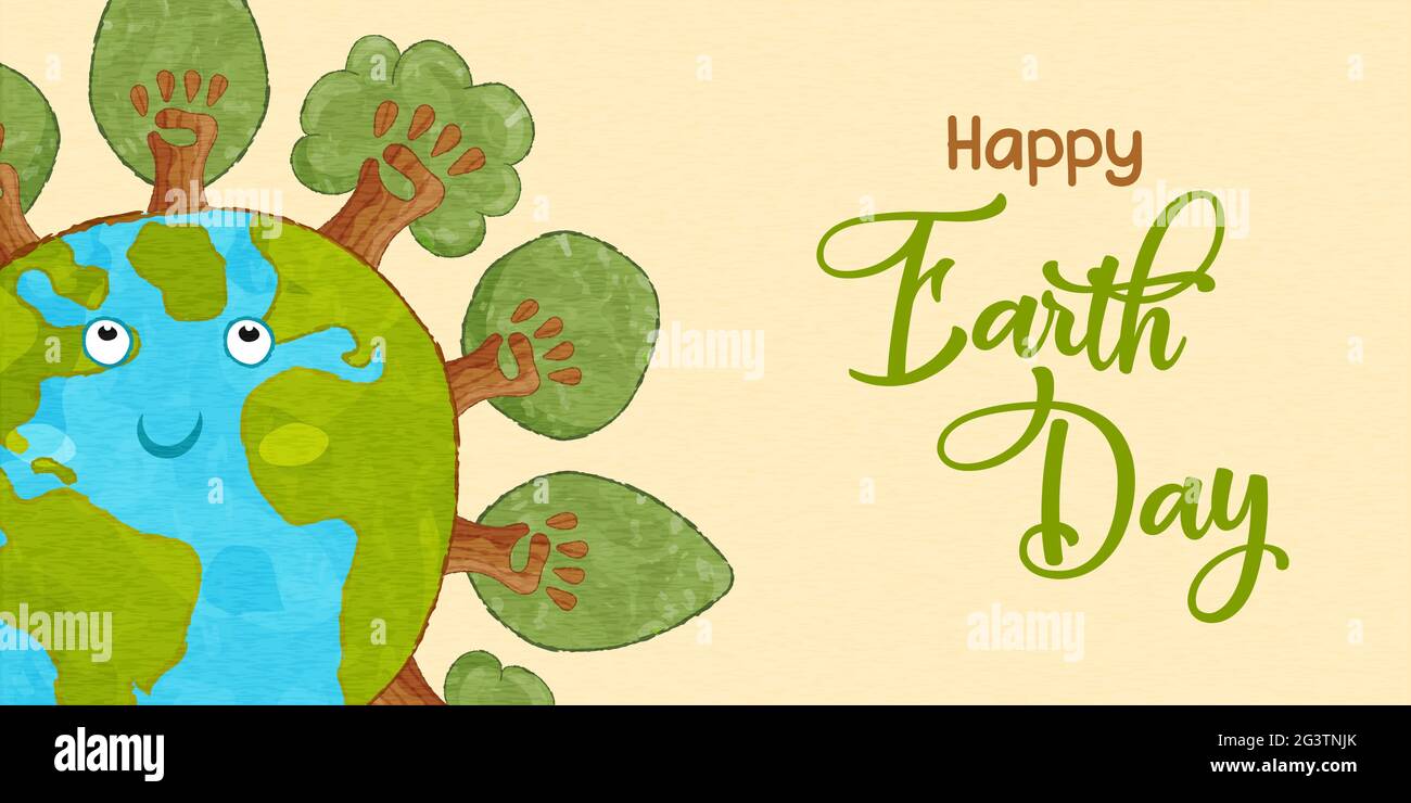 Happy Earth Day Grußkarte Illustration von niedlichen grünen Planeten Charakter mit Hand Team Baum Wald. Umwelt Pflege Urlaub Cover in lustigen Cartoon Stock Vektor
