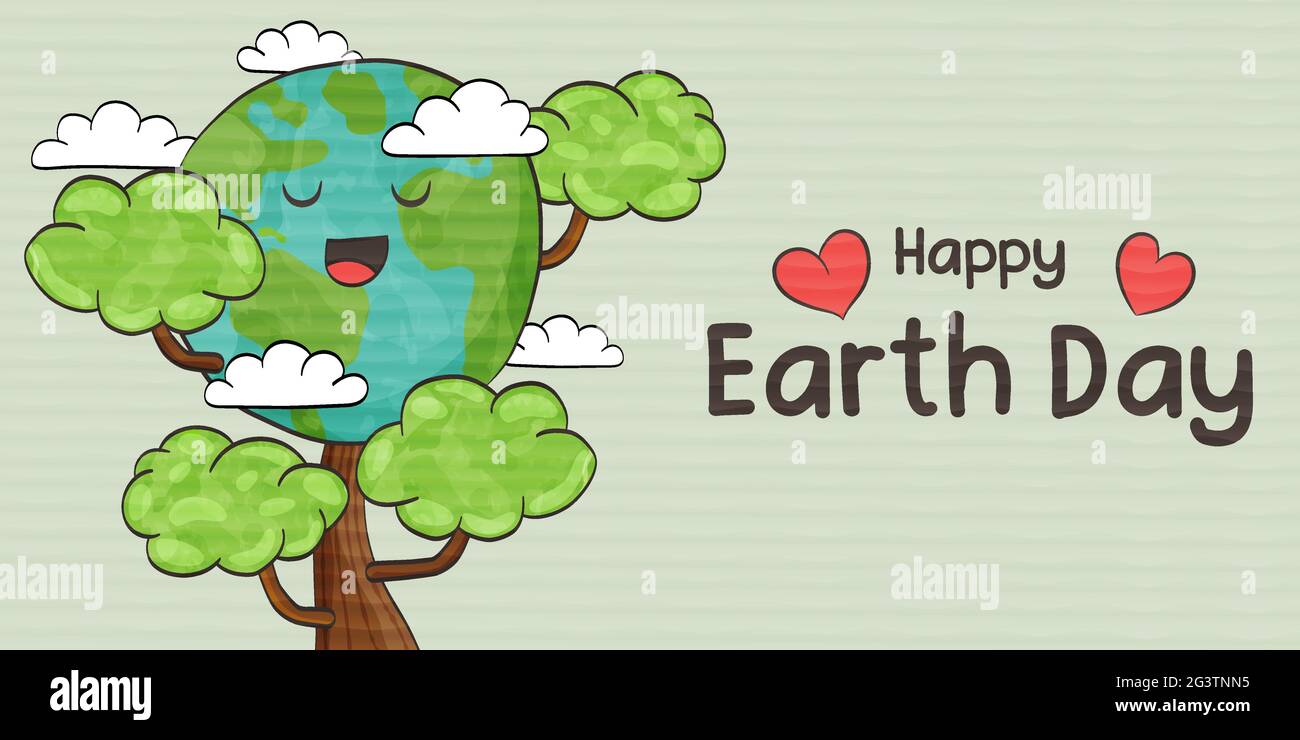 Happy Earth Day Web-Banner Illustration von niedlichen Planeten Charakter wächst aus Baum in lustigen Cartoon-Stil. April 22 Welt Natur helfen Urlaub Design. Stock Vektor