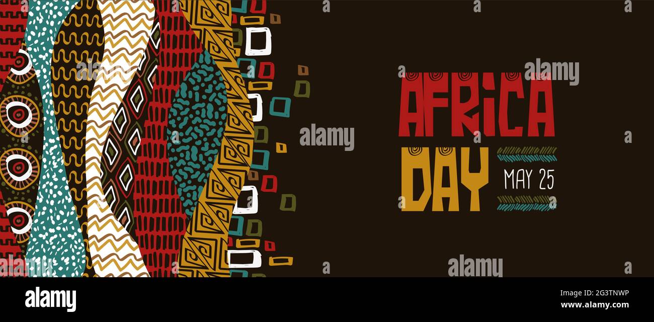 Afrika Tag Banner Illustration von bunten handgezeichneten Stammeskunst. Traditionelle afrikanische Kultur Dekoration mit festlichen nationalen Freiheit Text Zitat für Stock Vektor