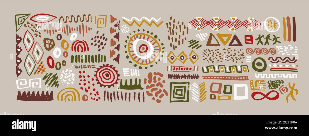 Bunte afrikanische Kunstdekorationskollektion im traditionellen handgezeichneten Stil. Ethnic africa Kultur Symbol Set und Tierdruck Kritzeleien auf isoliertem Rücken Stock Vektor