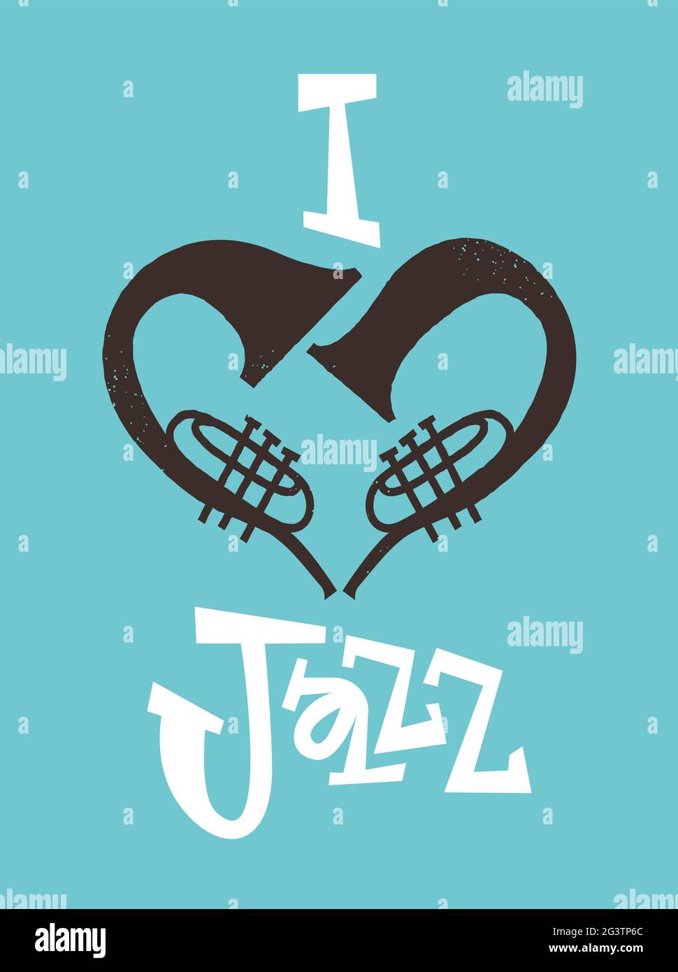 Ich liebe Jazz Typografie Poster Illustration von Trompete Instrument macht Herzform. Retro Cartoon Band Instrumente Konzept für Musikgenre-Fan. Stock Vektor