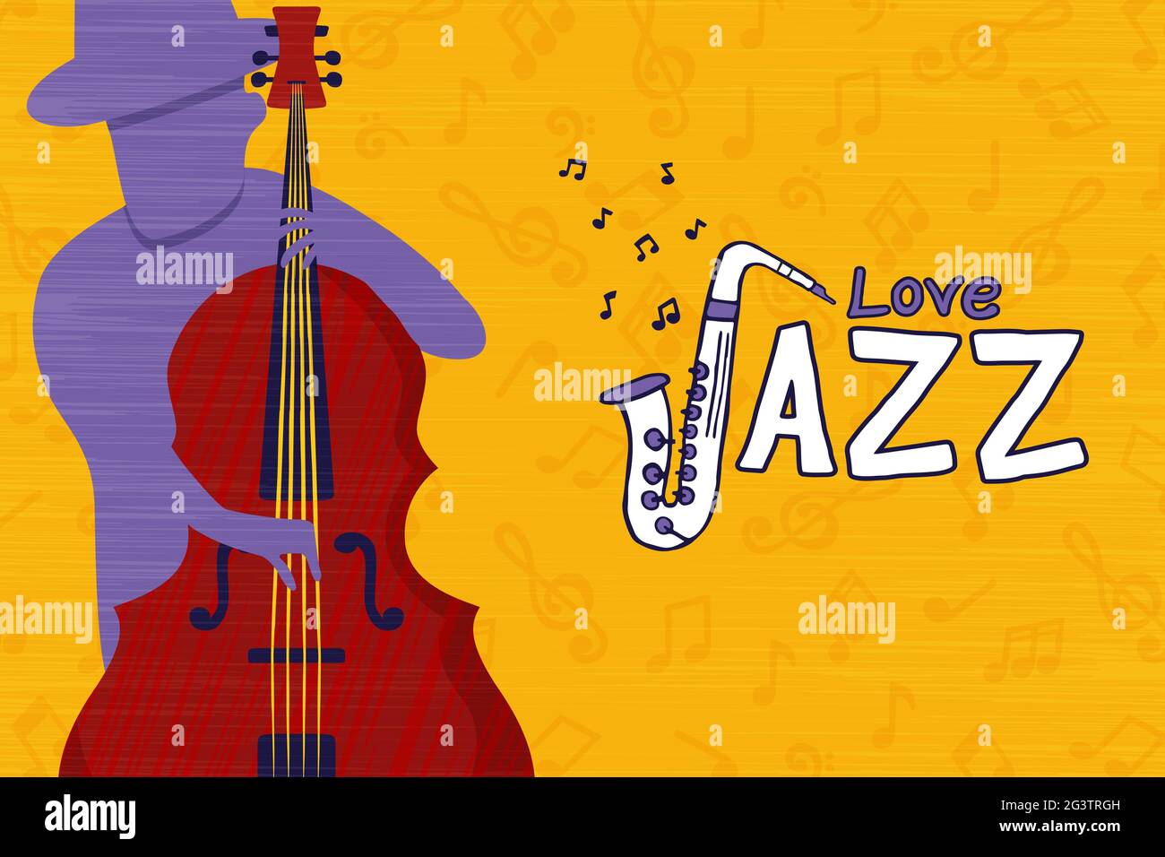 Jazz Musik Liebe Illustration Konzept der Band-Mitglied Charakter spielen Cello Musikinstrument im Retro-Cartoon-Stil. Stock Vektor