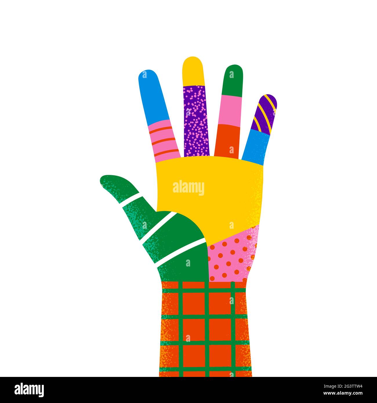 Eine farbenfrohe Hand, die auf einem isolierten Hintergrund hochgehoben wurde. Helfen Sie ehrenamtlich oder spielerisch Kinder Bildung Konzept. Stock Vektor