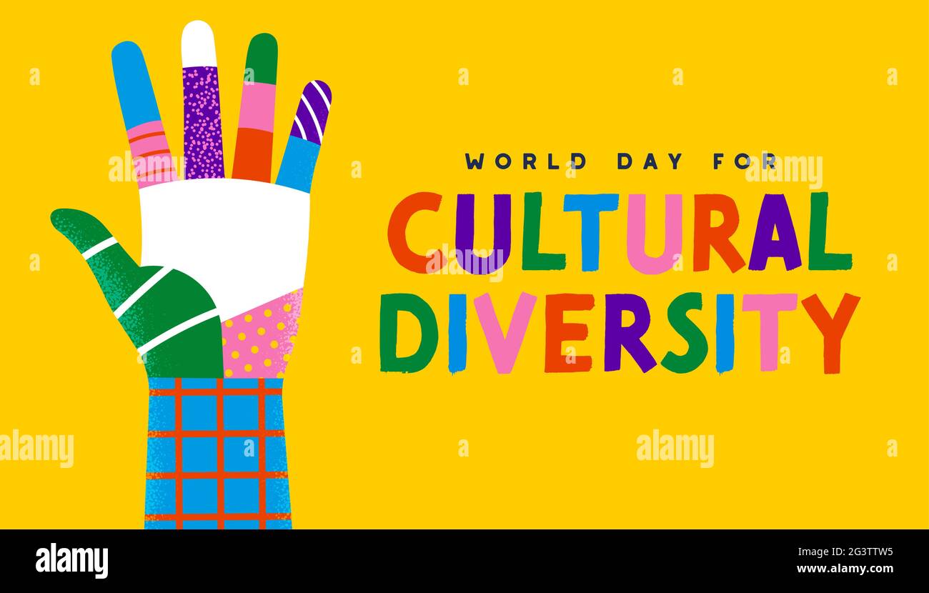 Grußkarte zum Welttag der kulturellen Vielfalt – Illustration einer bunten Hand verschiedener Menschen. Hilfekonzept der sozialen Gemeinschaft. Kultururlaub anders Stock Vektor