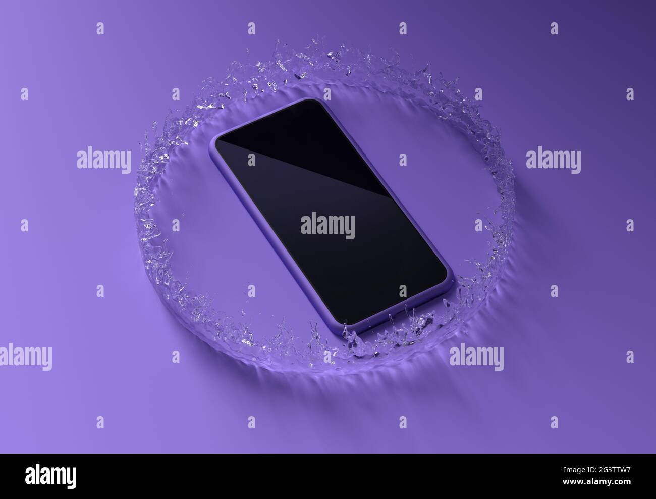 Abstraktes 3d-Rendering des Wasserrings, der um die Smartphone-Vorlage auf dem violetten Schreibtisch spritzt. Stockfoto