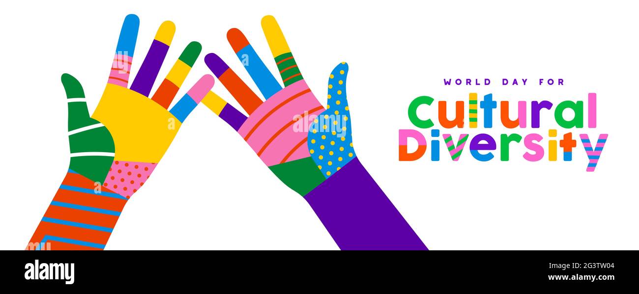 Grußkarte zum Welttag der kulturellen Vielfalt – Illustration von bunten, vielfältigen Händen von Freunden, die gemeinsam fünf hohe Gesten machen. Andere Kultur holid Stock Vektor