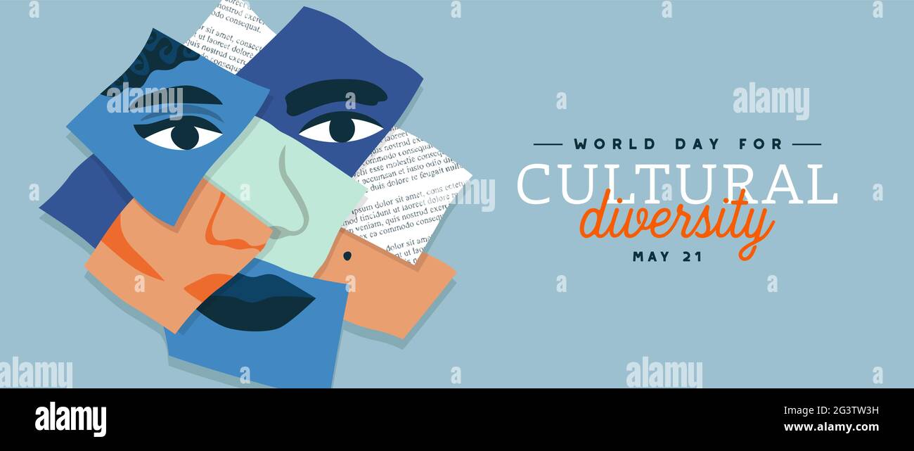 World Day for Cultural Diversity Webbanner Illustration von verschiedenen Menschen Gesichter Papiercollage. Mann und Frau Kultur Identität Konzept. Sozialer Urlaub Stock Vektor