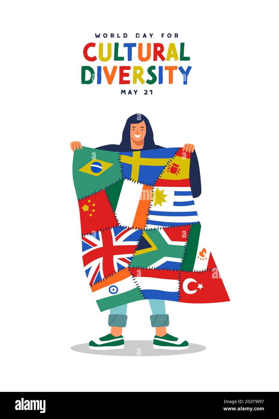 Grußkarte zum Welttag der kulturellen Vielfalt – Illustration einer fröhlichen Frauenfigur, die verschiedene internationale Länderflaggen zusammenhält. Globale Kommunikation Stock Vektor
