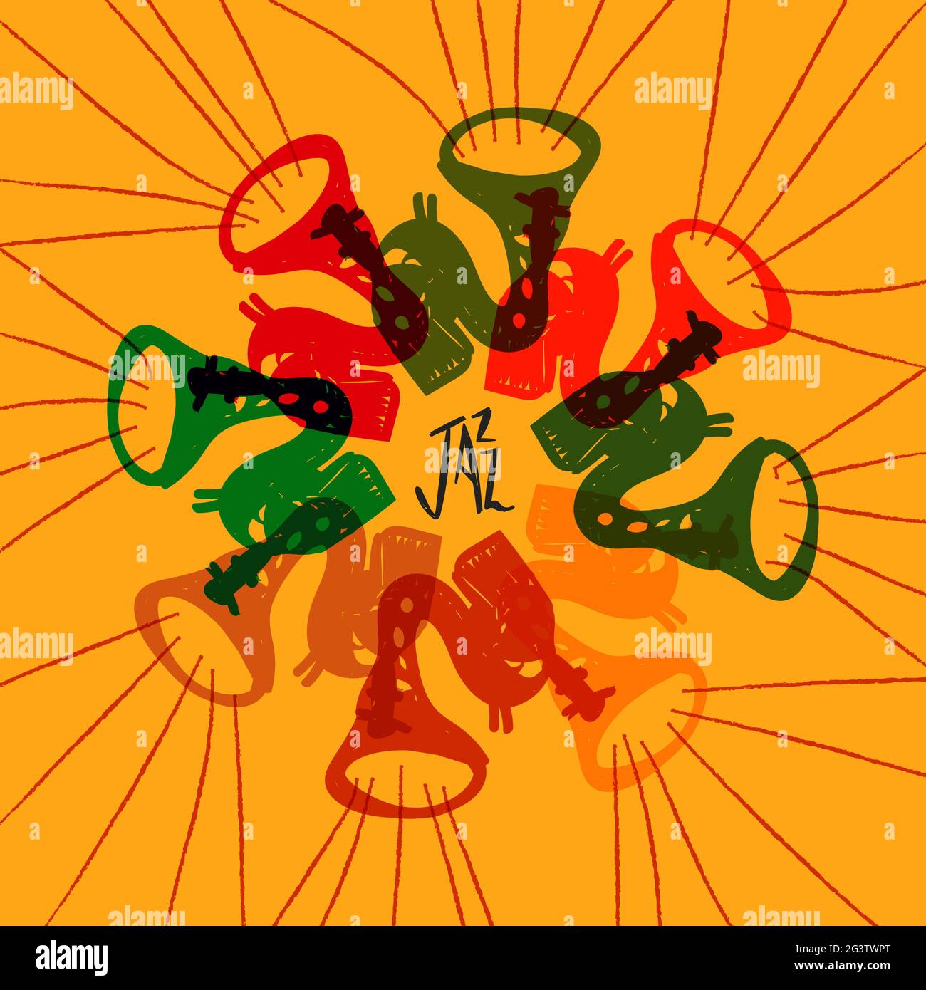Vorlage zur Illustration des Jazz Festival-Posters. Bunte Saxophon Musikinstrument Doodle Cartoon für Live-Konzert-Event oder musikalische Party-Konzept. Stock Vektor