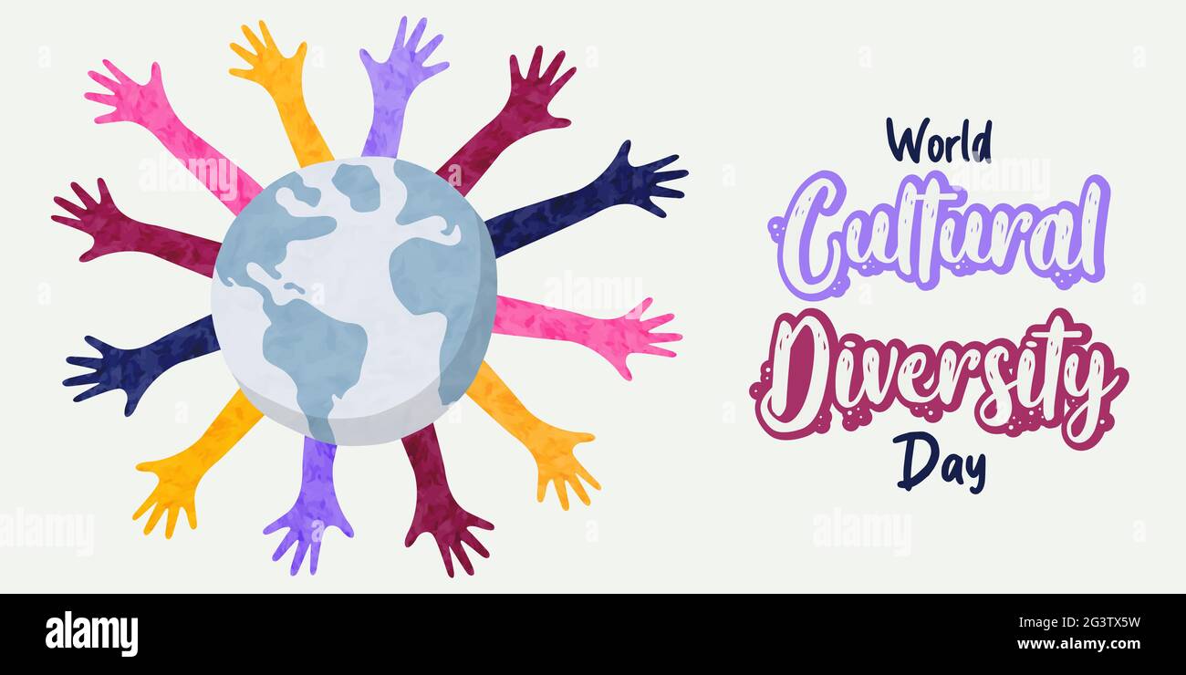 World Cultural Diversity Day Webbanner Illustration von verschiedenen Menschen Hände aus der ganzen Welt zusammen angehoben. Stock Vektor