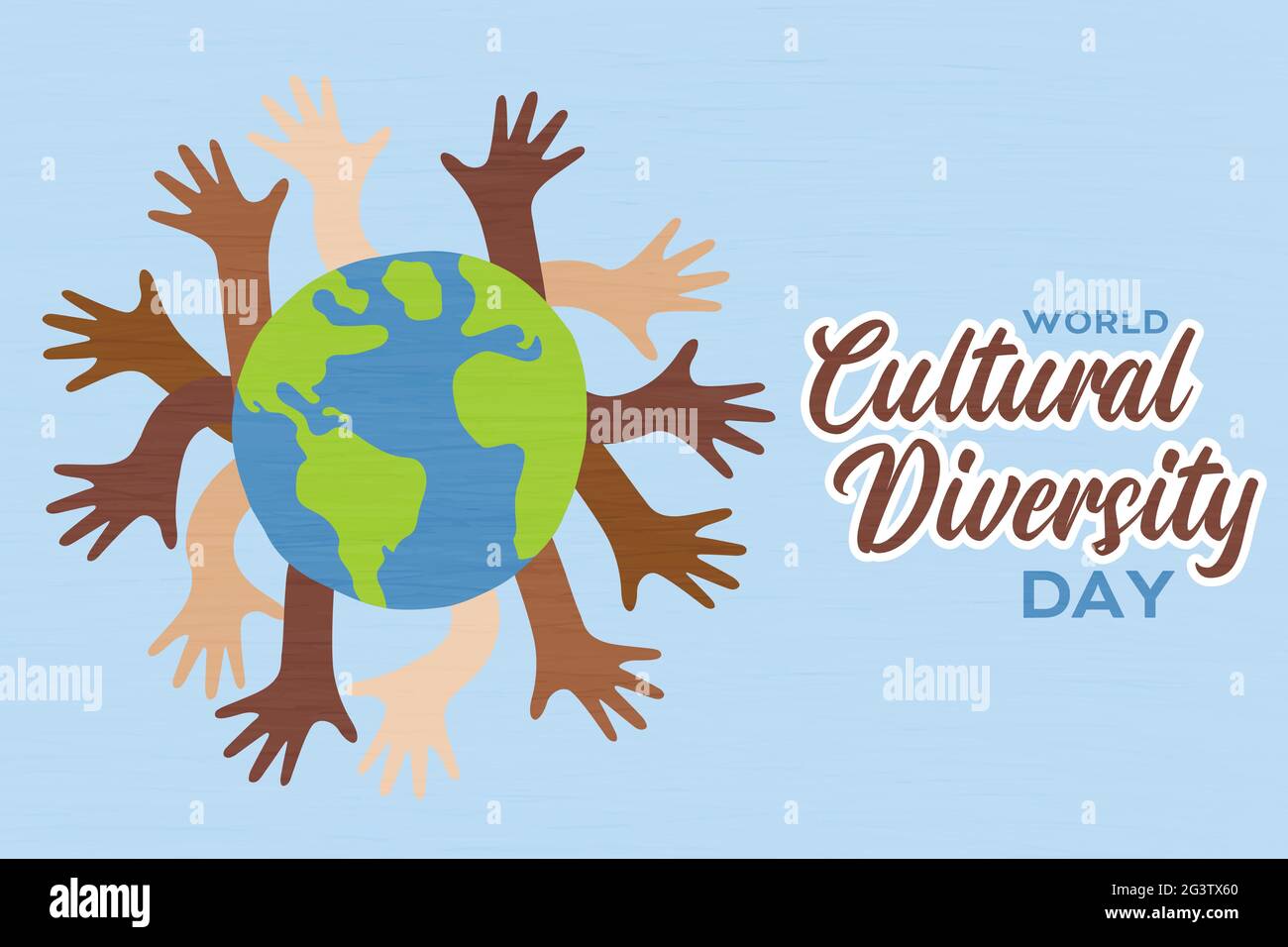 Grußkarte zum Welttag der kulturellen Vielfalt – Illustration der Hände verschiedener Menschen aus der ganzen Welt, die zusammen erhoben werden. Stock Vektor