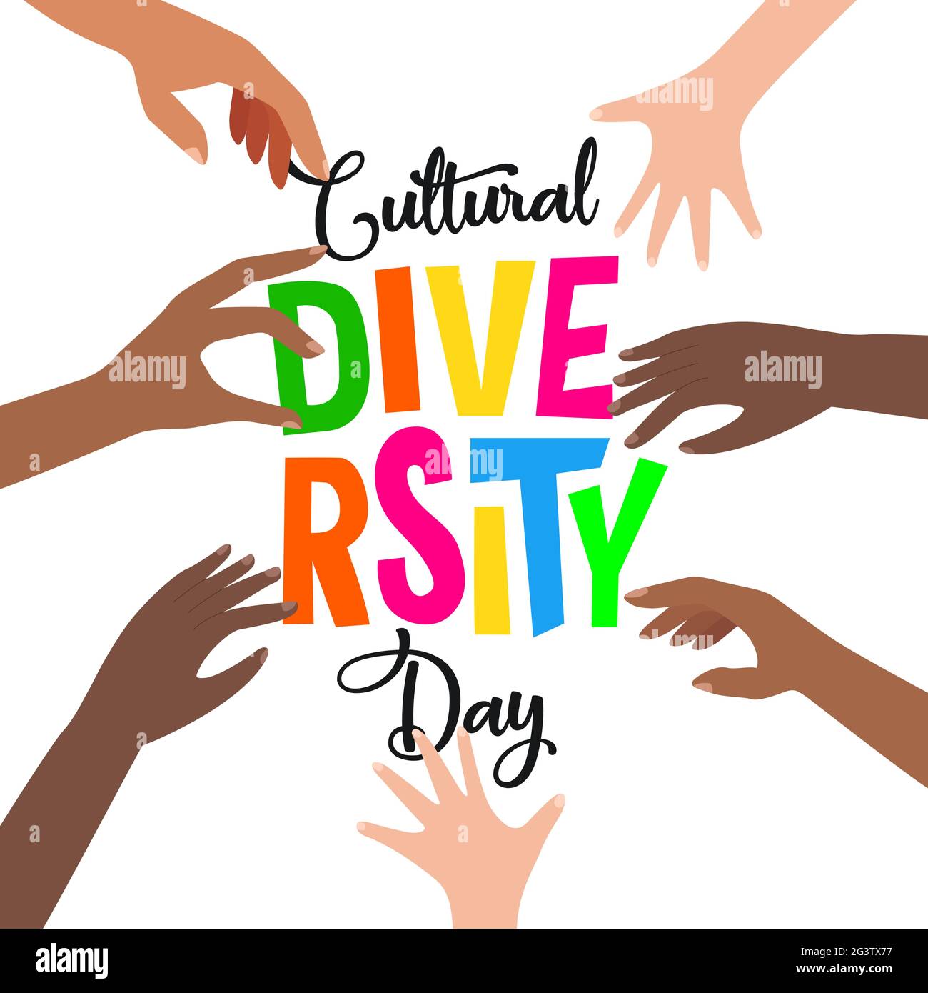 World Cultural Diversity Grußkarte der bunten verschiedenen Menschen Hände Gruppe hilft zusammen für 21 Mai internationalen Feiertag Veranstaltung Feier. Stock Vektor
