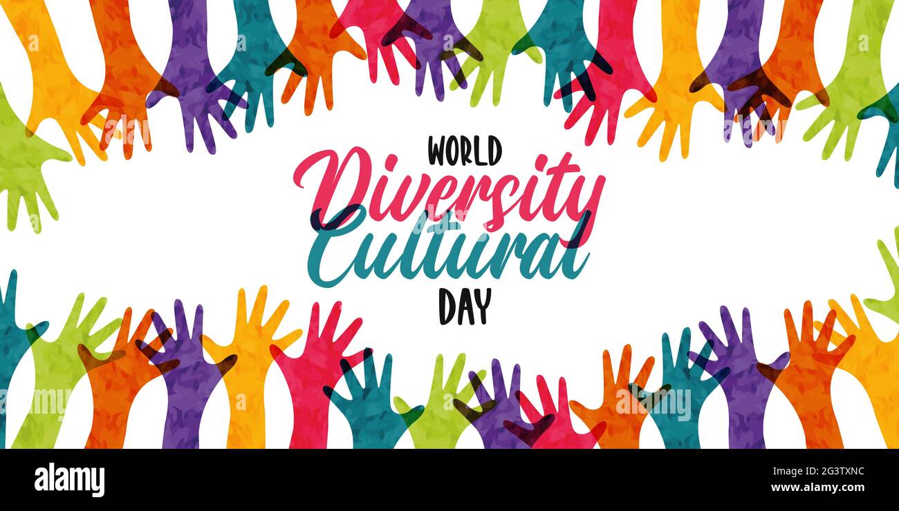 Grußkarte zum Welttag der kulturellen Vielfalt Illustration von bunten Menschen, die die Hände zusammengehoben haben. Internationales Hilfekonzept für den Kulturmix. 21 Mai et Stock Vektor