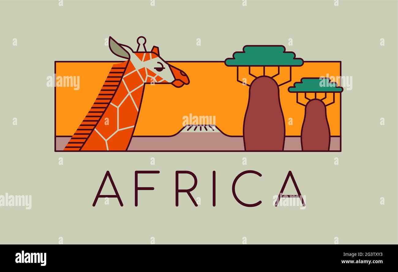 Afrika Reise Landschaft Illustration der Wildlife Safari Szene in modernen flachen Cartoon skizzieren Stil. Wilde Giraffe Tier mit Baobab Baum Hintergrund. Stock Vektor