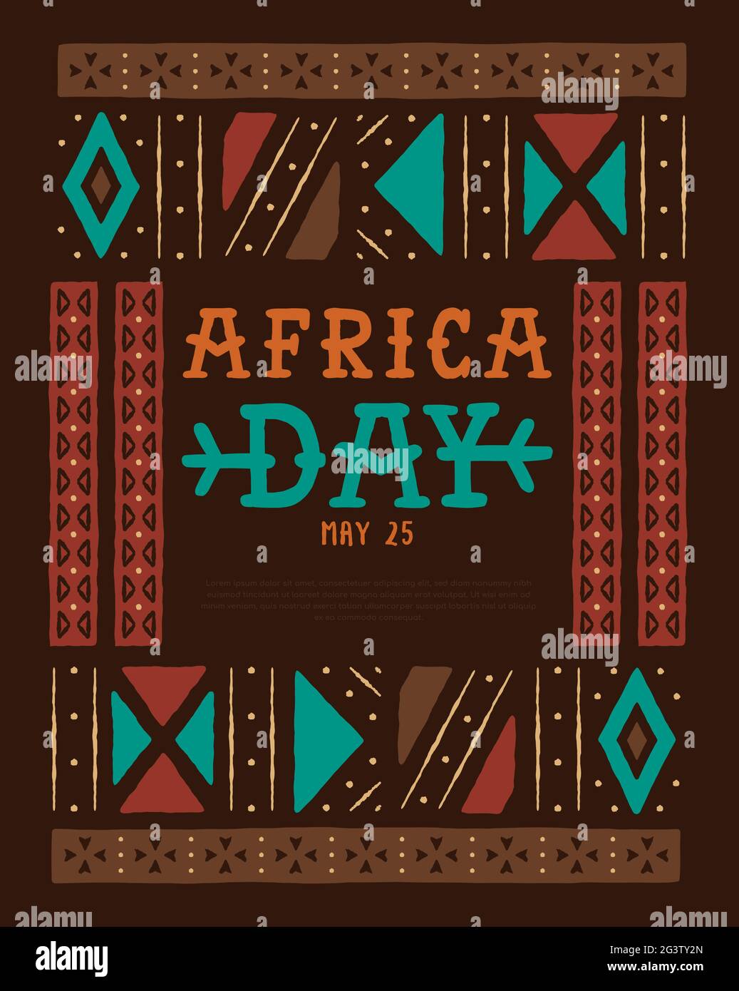 Afrika Tag Grußkarte Illustration von bunten handgezeichneten Stammeskunst. Traditionelle afrikanische Kultur Dekoration mit festlichen nationalen Freiheit Text für Stock Vektor