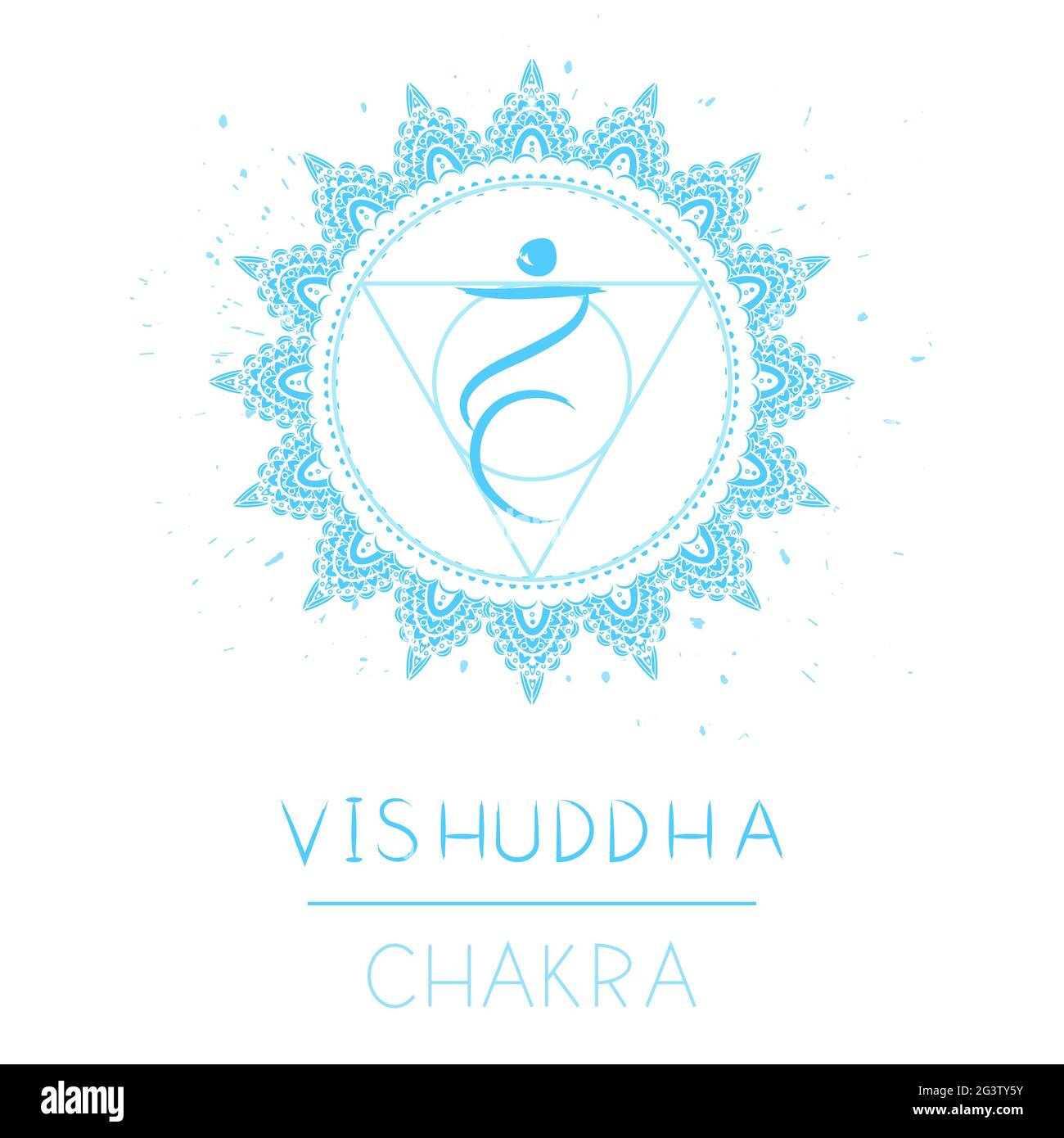 Vektor-Illustration mit Symbol Chakra Vishuddha auf weißem Hintergrund. Kreis-Mandala-Muster und handgezeichnete Schriftzüge. Stock Vektor