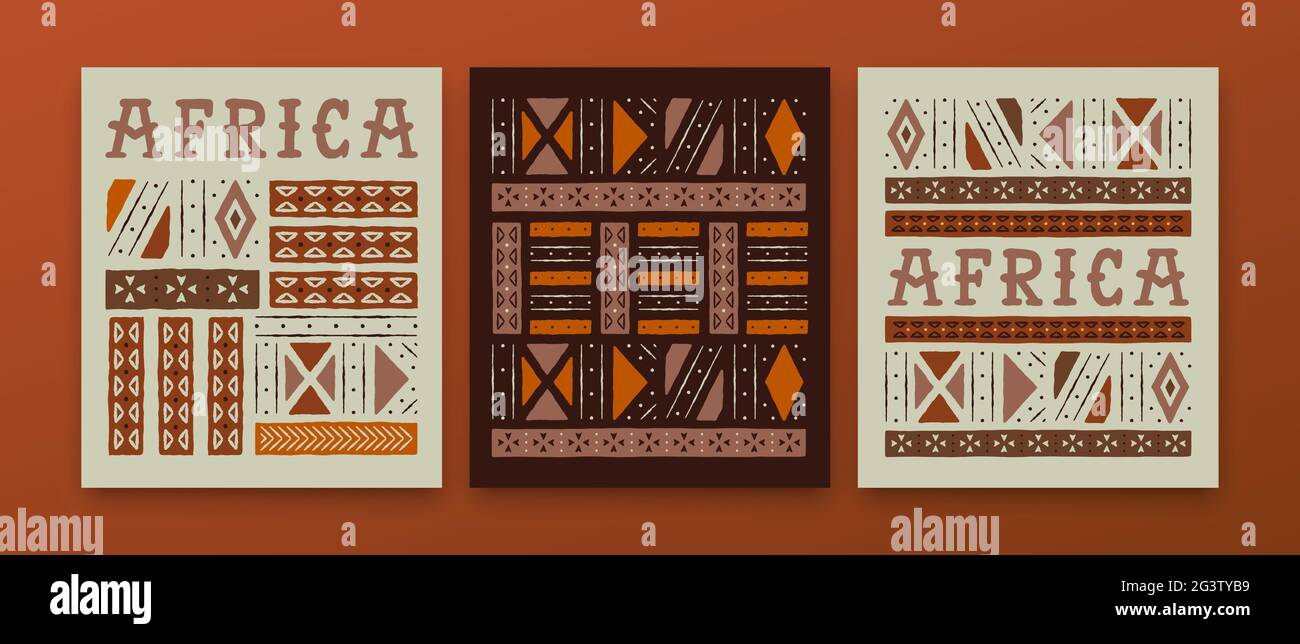 Afrika Kultur Grußkarte Illustration Set mit traditioneller ethnischer Kunst und wilden Tribal Hintergrund Dekoration. African Safari Reise oder Heritage con Stock Vektor