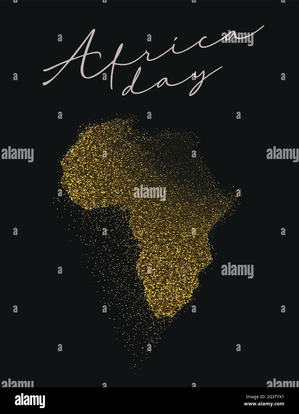 Afrika Tag Grußkarte Illustration für 25 Mai Menschen Freiheit Feier. Luxuriöse afrikanische Kontinent-Karte aus Gold mit elegantem Glitzer und goldenem Glanz Stock Vektor
