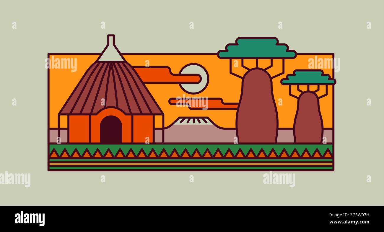 Afrika Reisekonzept Illustration der traditionellen afrikanischen Landschaft mit Schlammhaus und Baobab Baum Busch. Flacher Umriss Karikatur auf isoliertem Hintergrund, Stock Vektor