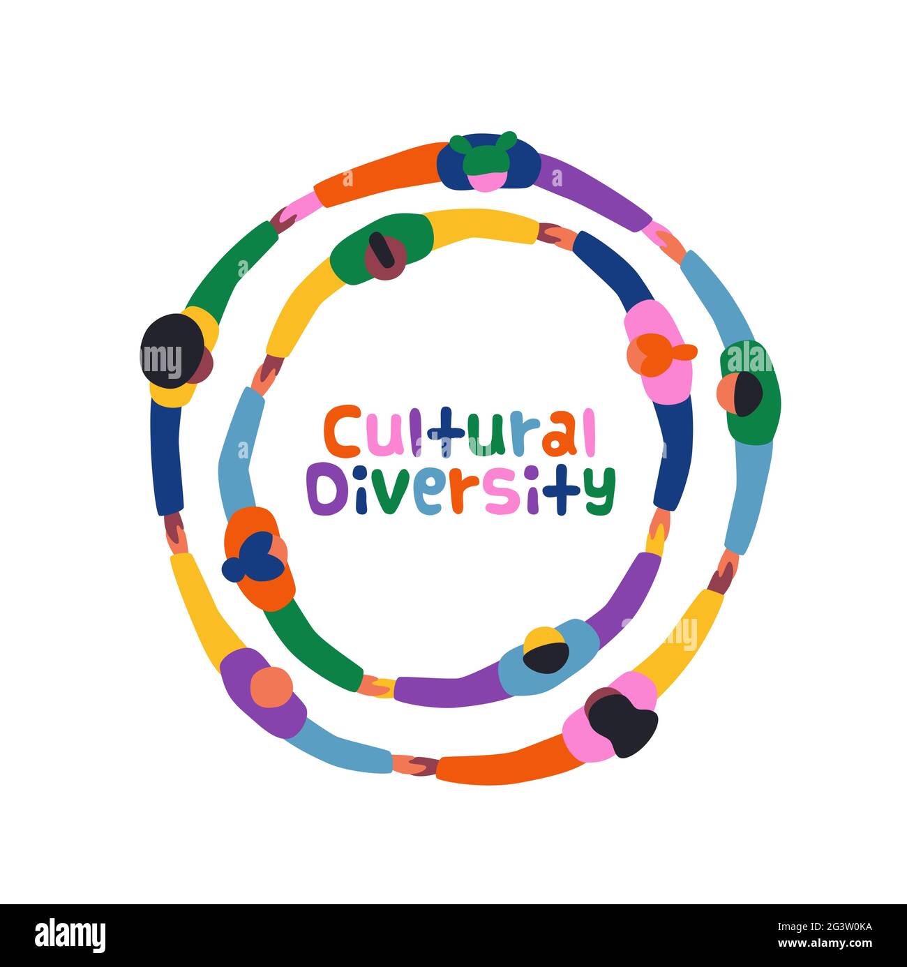 Grußkarte zur kulturellen Vielfalt Illustration einer bunten Gruppe verschiedener Menschen, die die Hände in einem großen runden Kreis zusammenhält. Andere Kultur Freund te Stock Vektor