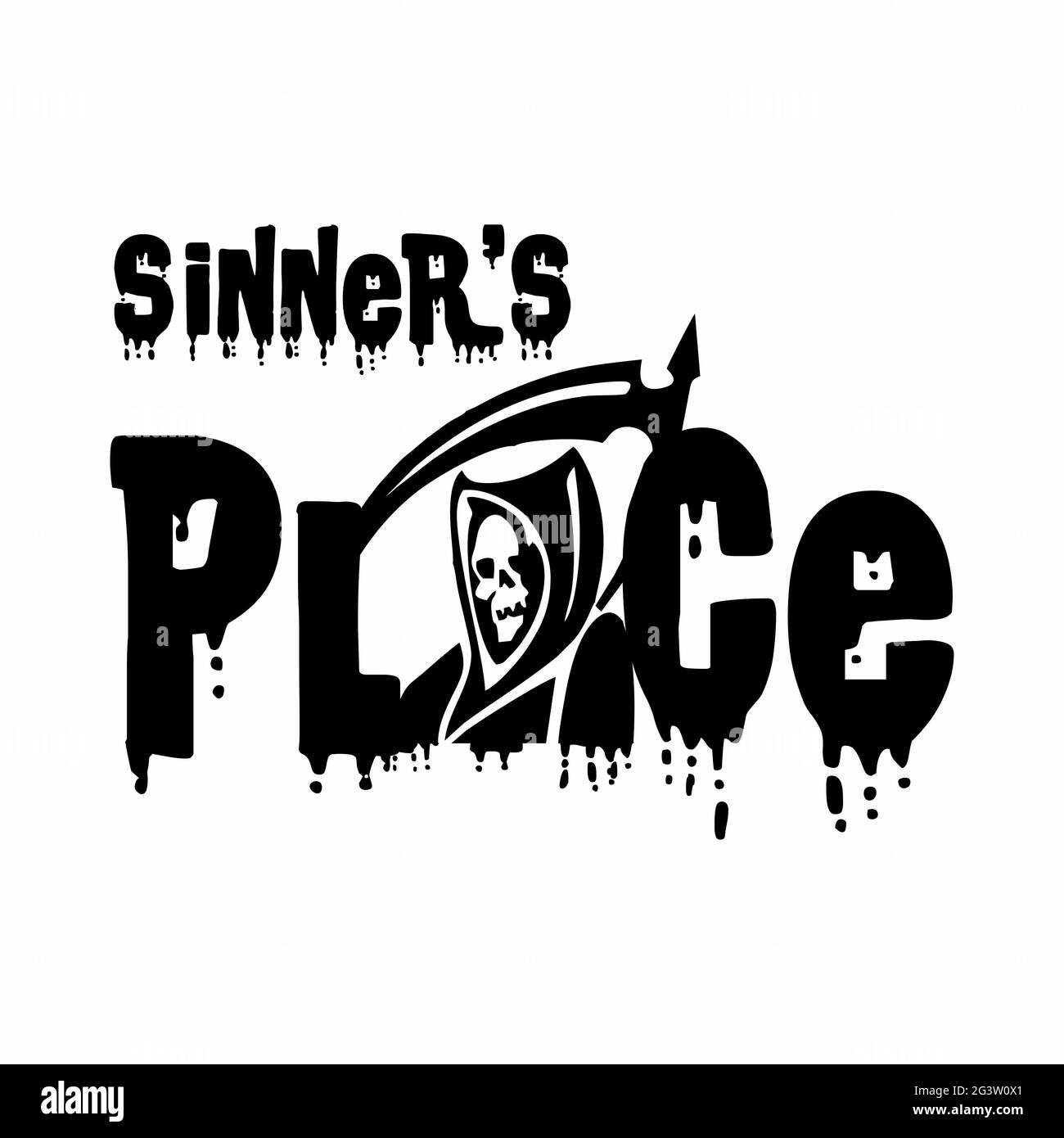 Illustration eines Sterbensymbols mit einem „Sünders Place“-Schriftzug auf weißem Hintergrund Stockfoto