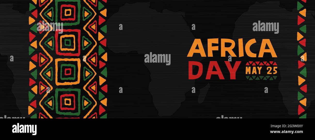 Afrika Tag Grußkarte Illustration für 25 Mai Feier. Afrikanische Kontinentalkarte mit ethnischer Kunst und wilden Stammesdrucken. Stock Vektor
