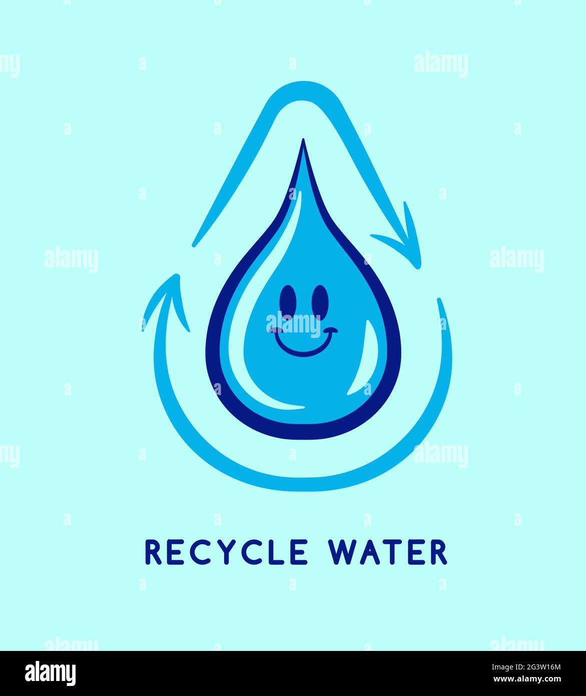 Recyclingwasser-Illustrationskonzept für umweltfreundliche Umweltschutzkampagne. Design des Kreislaufes für die Wiederverwendung von Hausmüll. Lustige Retro Cartoon blau flüssigen Tropfen cha Stock Vektor