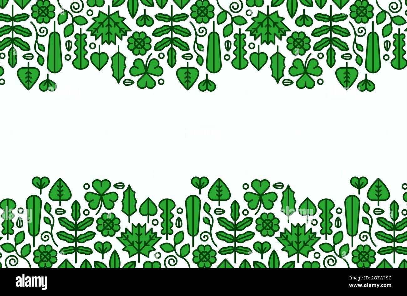 Leerer weißer Hintergrund-Rahmen mit modernen grünen Pflanzenblatt-Ikonen im trendigen Flachlinien-Stil. Natürliches Konzept, umweltfreundliche Rahmenvorlage. Stock Vektor