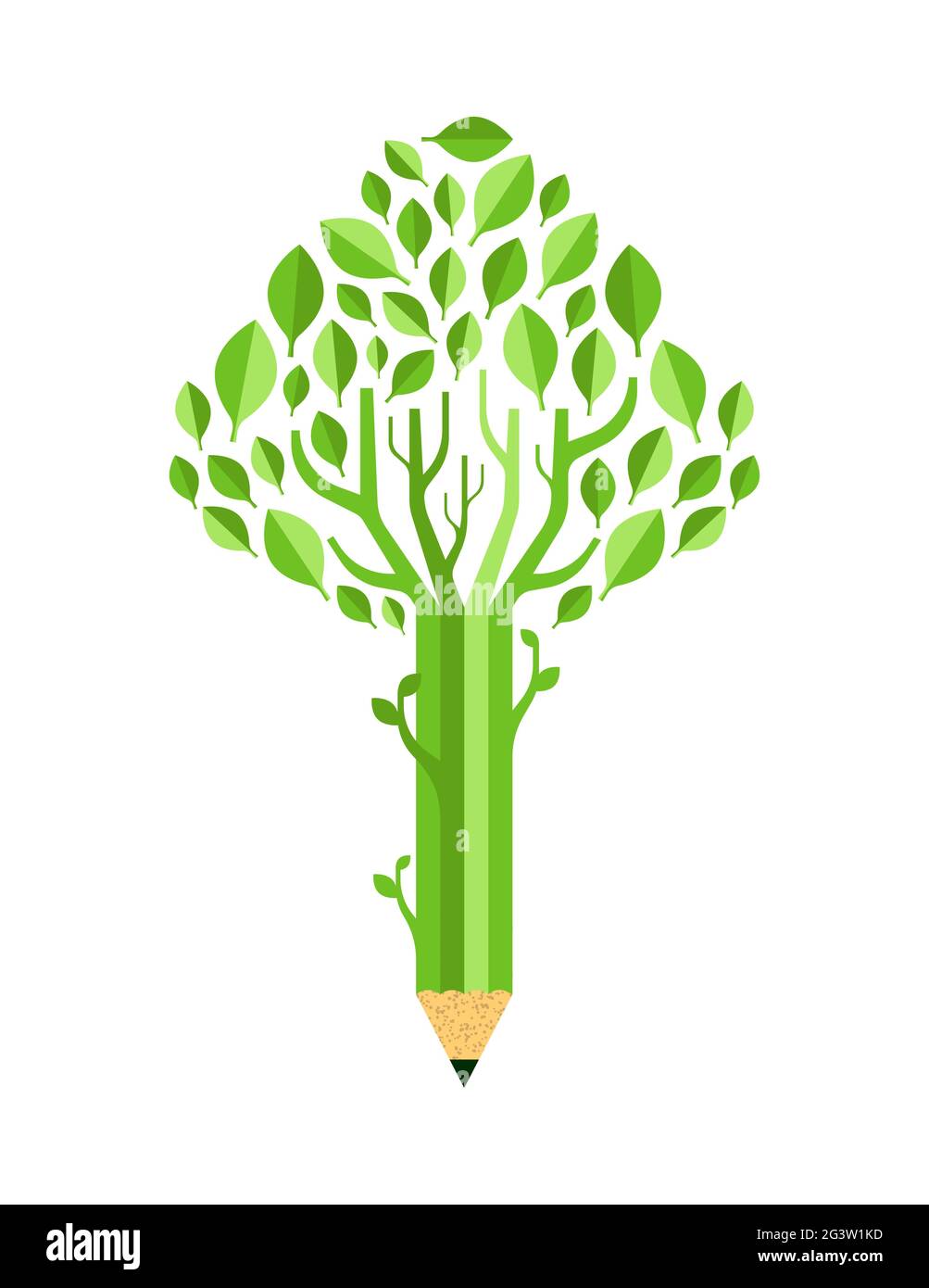 Grüner Blattbaum aus Schulstift auf isoliertem weißem Hintergrund. Flacher Cartoon-Stil Illustration Konzept für Umwelt Pflege Bildung oder Nachhaltigkeit Stock Vektor