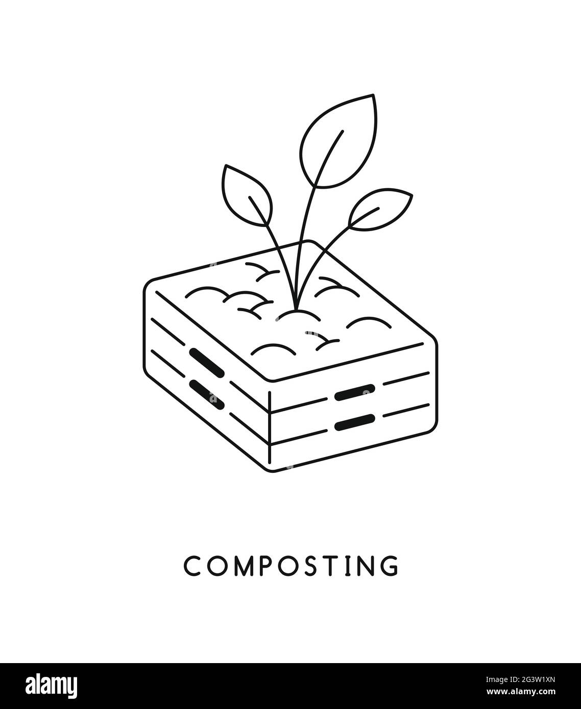 Kompostierkastenbehälter mit Pflanzenblattsymbol. Modernes Flachliniensymbol auf isoliertem weißem Hintergrund für das Recycling von Hausmüll oder das Konzept der Naturpflege. Stock Vektor