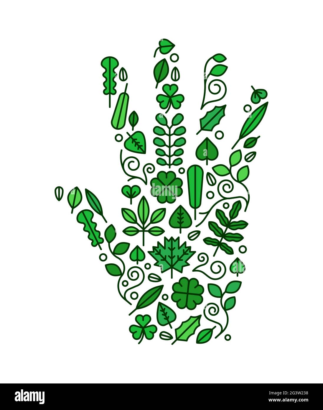 Offene menschliche Hand aus flachen grünen Blatt-Symbolen auf isoliertem weißem Hintergrund. Natur Hilfe Illustration Konzept oder umweltfreundliche Projektgestaltung. Stock Vektor