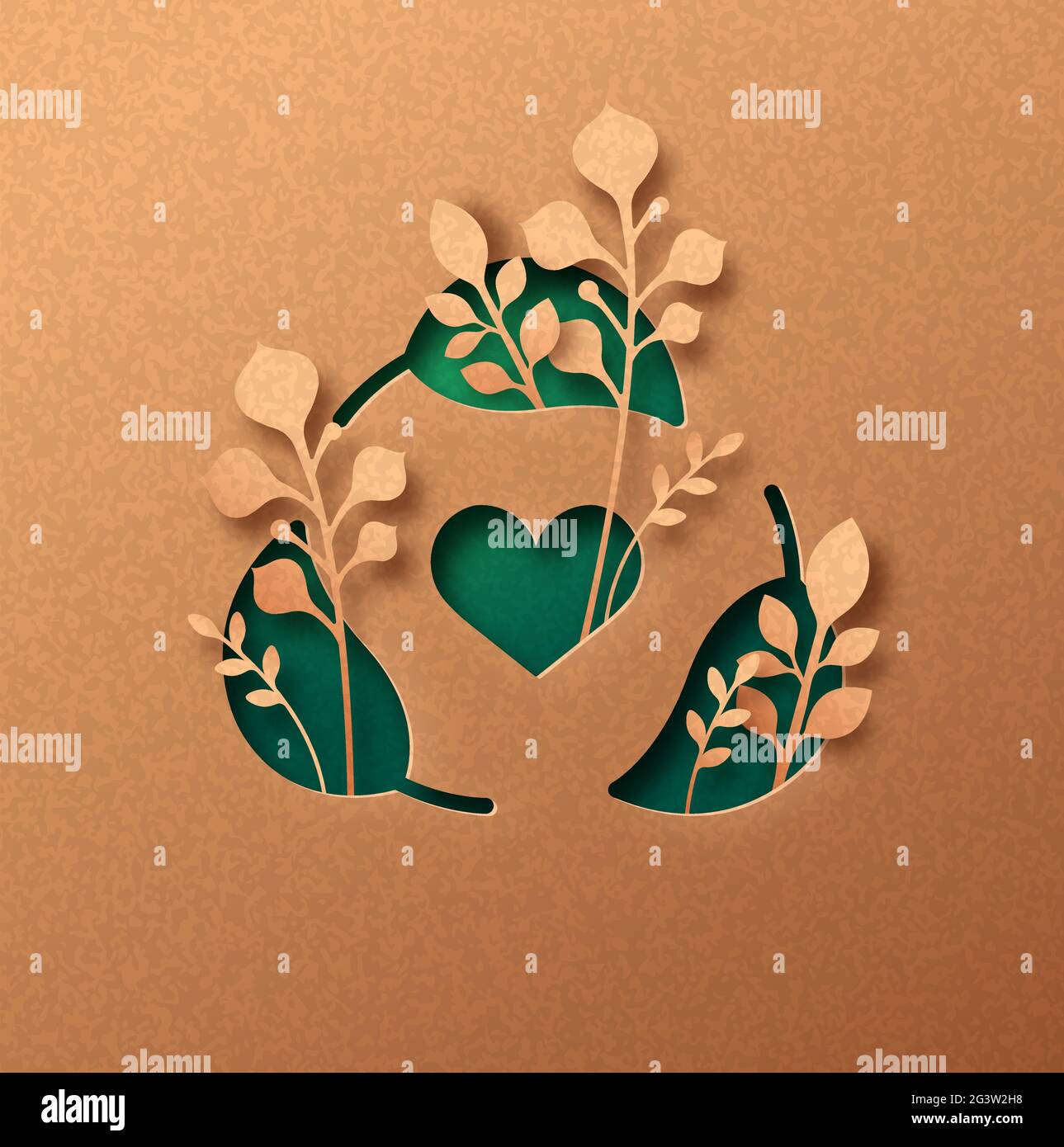 Recyceln Blatt Zeichen papercut Illustration Konzept mit grünen Pflanzenblätter wächst im Inneren. 3D Recycling Liebe Ausschnitt Handwerk Design in recyceltem Papier backgr Stock Vektor