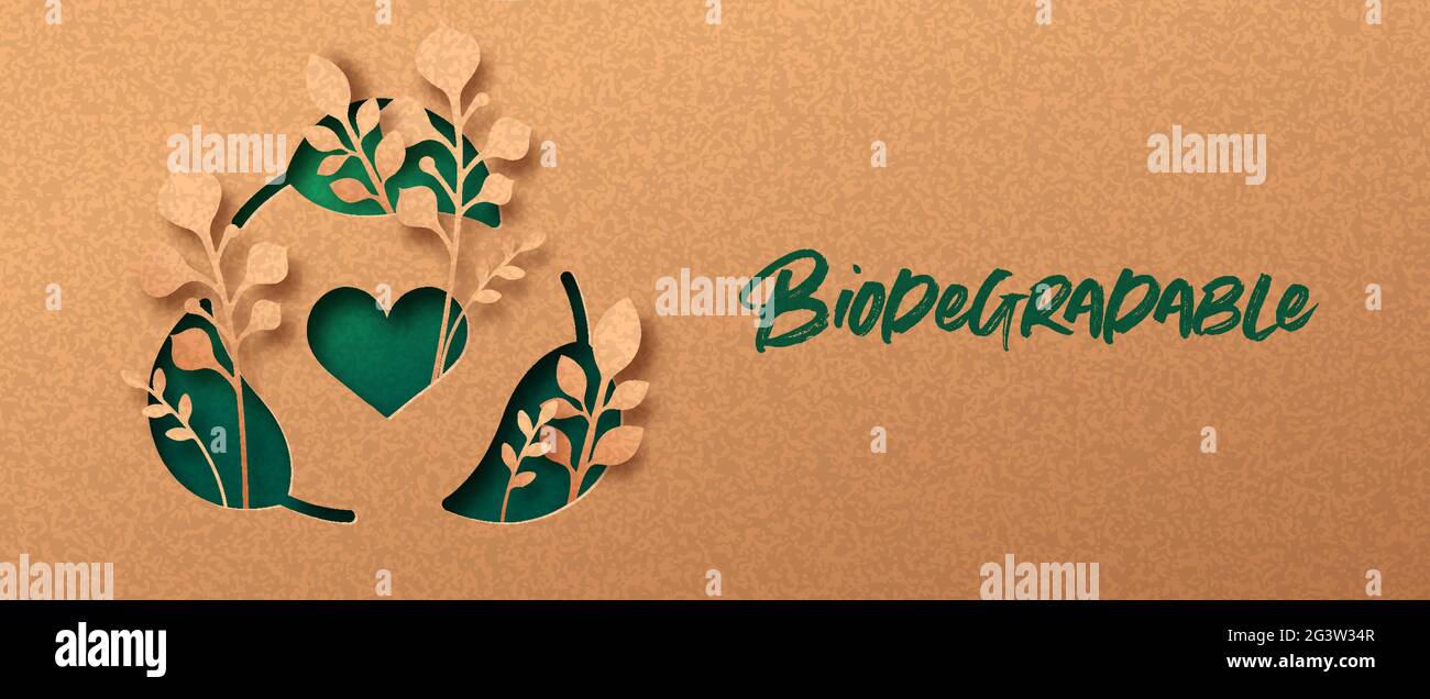 Biologisch abbaubare Blatt Zeichen papercut Web Banner Illustration Konzept mit grünen Pflanzenblätter wächst im Inneren. 3D-Recycling Liebe Ausschnitt Handwerk Design in recy Stock Vektor