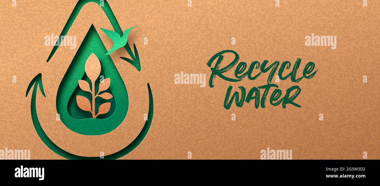 Recycle Water Papercut Illustrationskonzept mit grünen Pflanzenblättern im Inneren wachsen. 3D Abfallrecycling Ausschnitt Handwerk Design in recyceltem Papier backgroun Stock Vektor