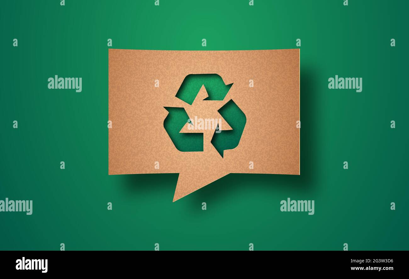 Recycling-Symbol papiercut Illustration mit Social-Chat-Blase. Umweltfreundliches Recycling-Symbol, Abfallrecycling-Konzept wiederverwenden. 3d-Ausschnitt auf der Rückseite aus recyceltem Papier Stock Vektor