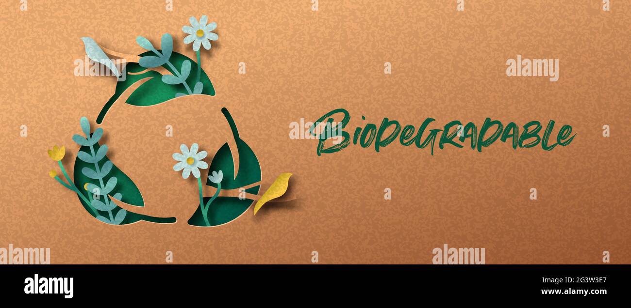 Biologisch abbaubares Papierschnitt-Webbanner-Illustrationskonzept für umweltfreundliche Produkt- oder Umweltschutzkampagnen. 3D-Papier schneiden Handwerk Design mit Garten pl Stock Vektor